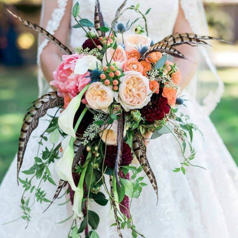 Feathered Flower Bouquet for Bride in Asheville Wedding